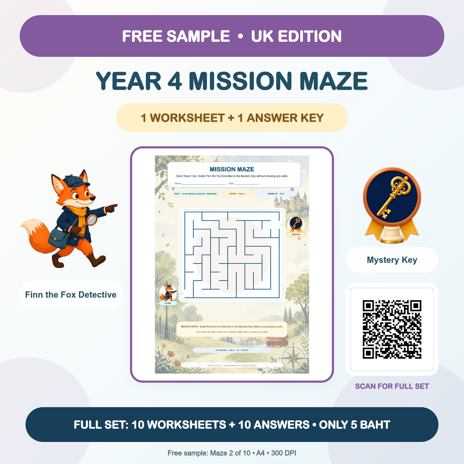 FREE SAMPLE - UK Mission Mazes: Year 4 (1 Worksheet + Answer Key)