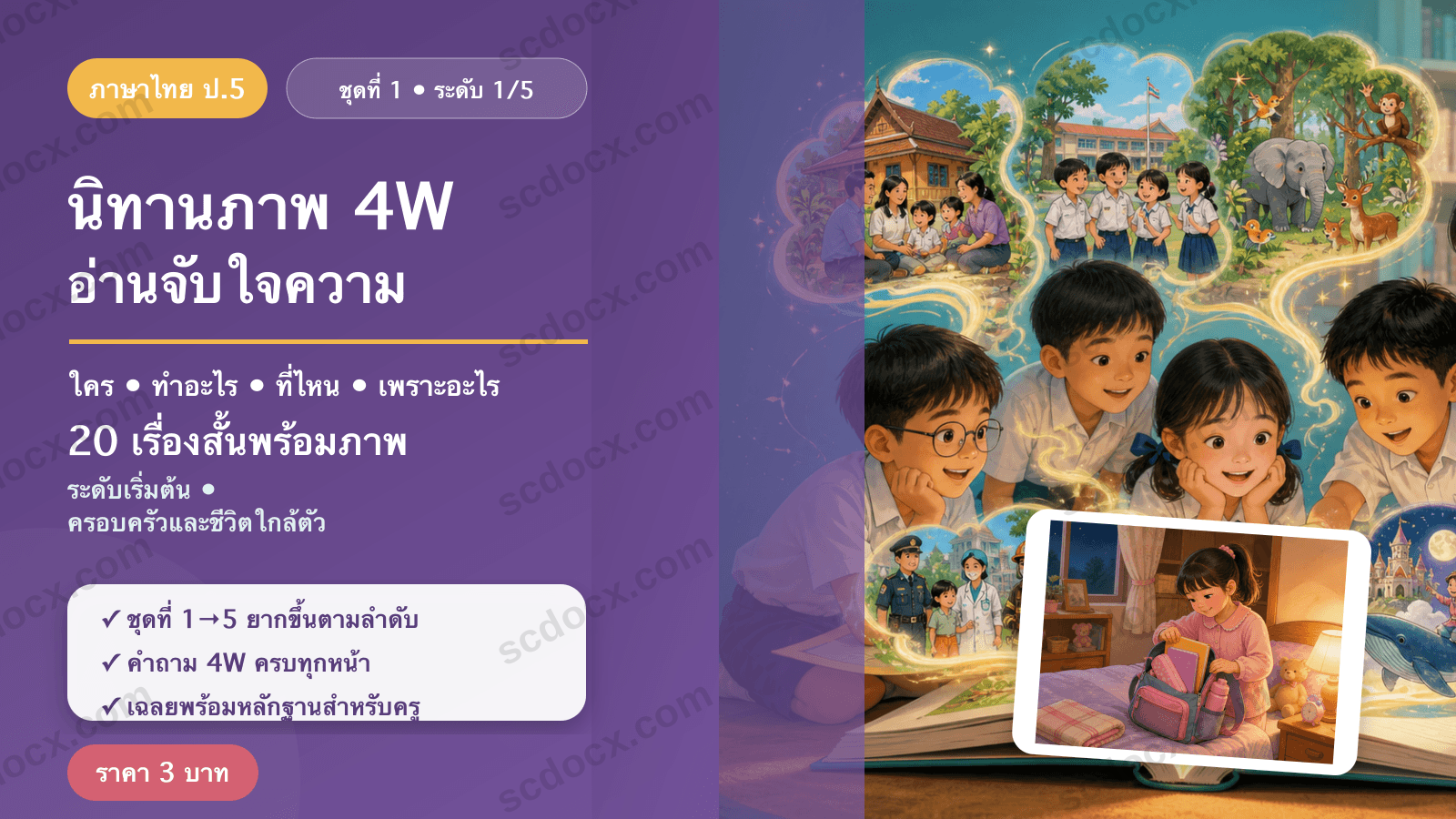 นิทานภาพ 4W อ่านจับใจความ ป.5 ชุดที่ 1 (ระดับเริ่มต้น) — ครอบครัวและชีวิตใกล้ตัว 20 เรื่อง พร้อมเฉลย