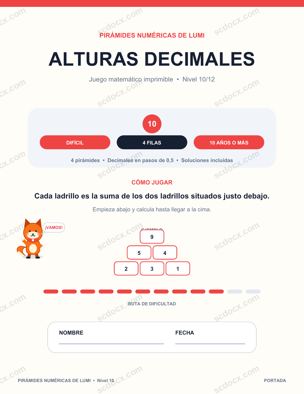 Pirámide numérica de matemáticas 10 - Alturas decimales con soluciones