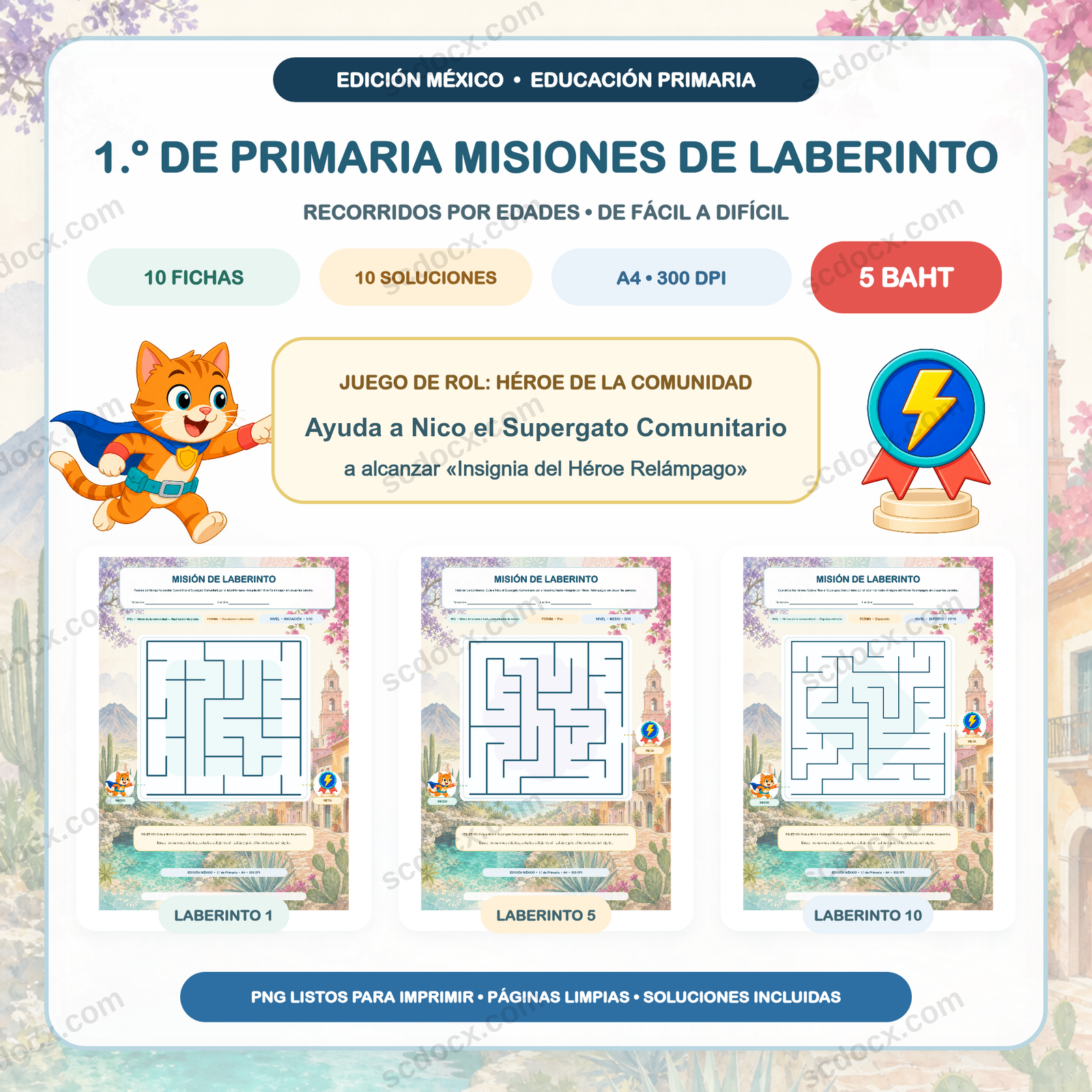 Edición México Misiones de Laberinto — 1.º de Primaria (10 fichas + soluciones)
