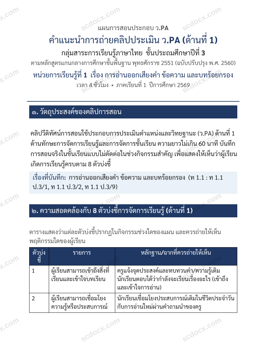 แผนการสอนประกอบการประเมิน ว.PA วิชาภาษาไทย แผนที่ 1 เรื่อง การอ่านออกเสียงคำ ข้อความ และบทร้อยกรอง ชั้น ป.3