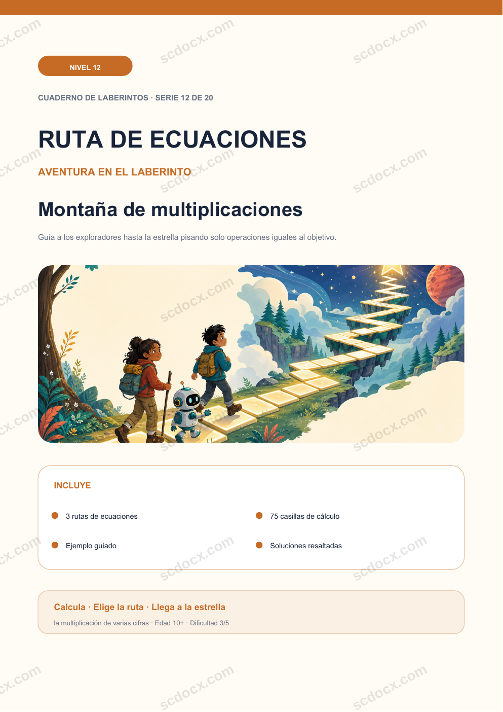 Ruta de ecuaciones Nivel 12 | Montaña de multiplicaciones con soluciones