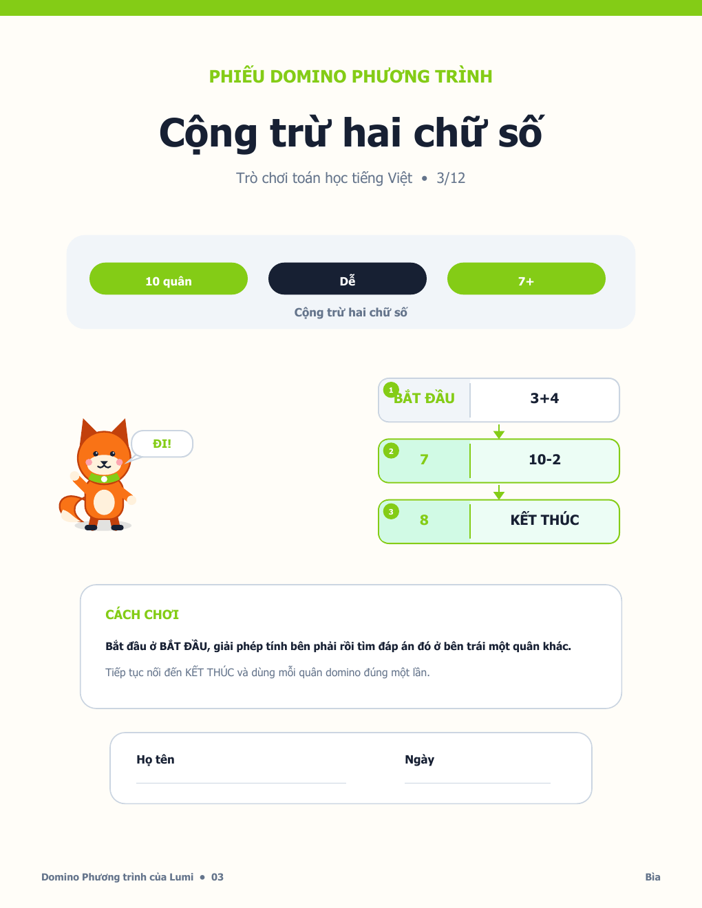 Domino Phương trình Tiếng Việt 03 - Cộng trừ hai chữ số có Đáp án (MIỄN PHÍ)