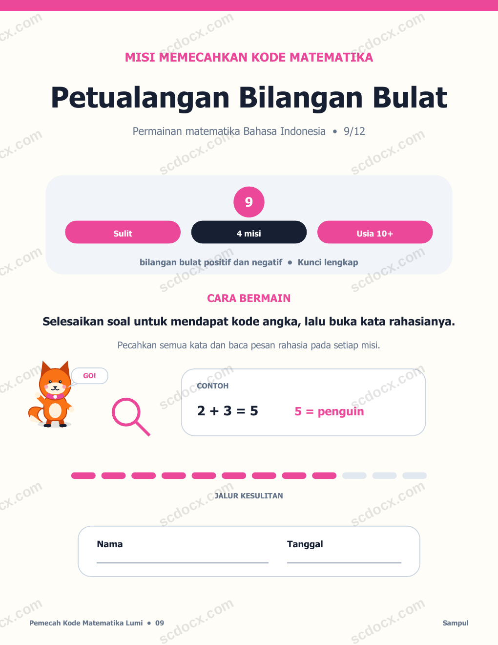 Permainan Kode Matematika Bahasa Indonesia 09 - Petualangan Bilangan Bulat dengan Jawaban