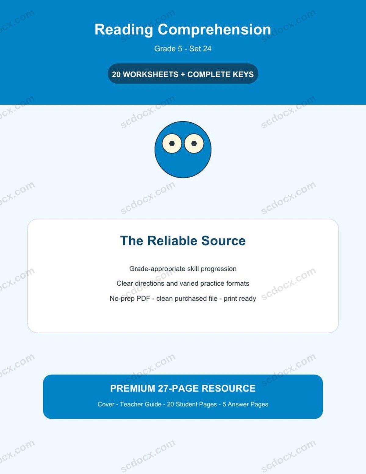 Reading Comprehension | Grade 5 | The Reliable Source | 20 Worksheets + Answer Keys