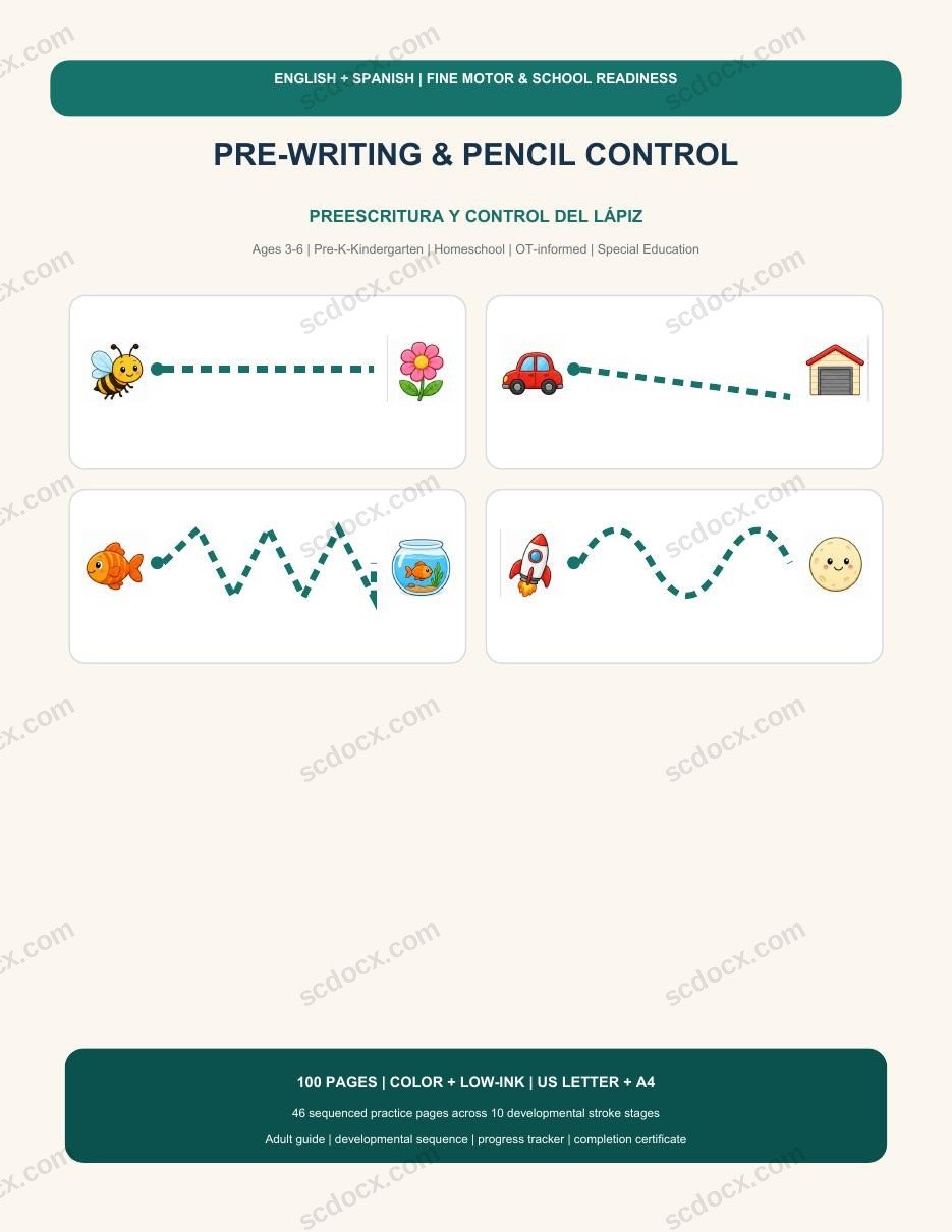 Bilingual Pre-Writing & Pencil Control | English-Spanish | 200 Printable Pages