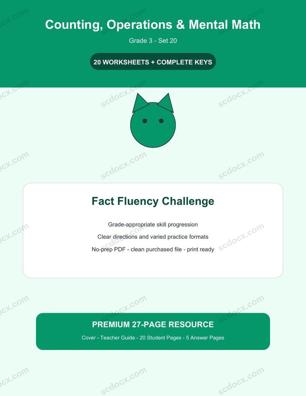 Counting, Operations & Mental Math | Grade 3 | Fact Fluency Challenge | 20 Worksheets + Answer Keys