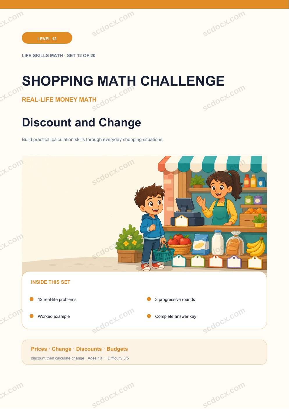 Shopping Math Challenge Level 12 | Discount and Change with Answers