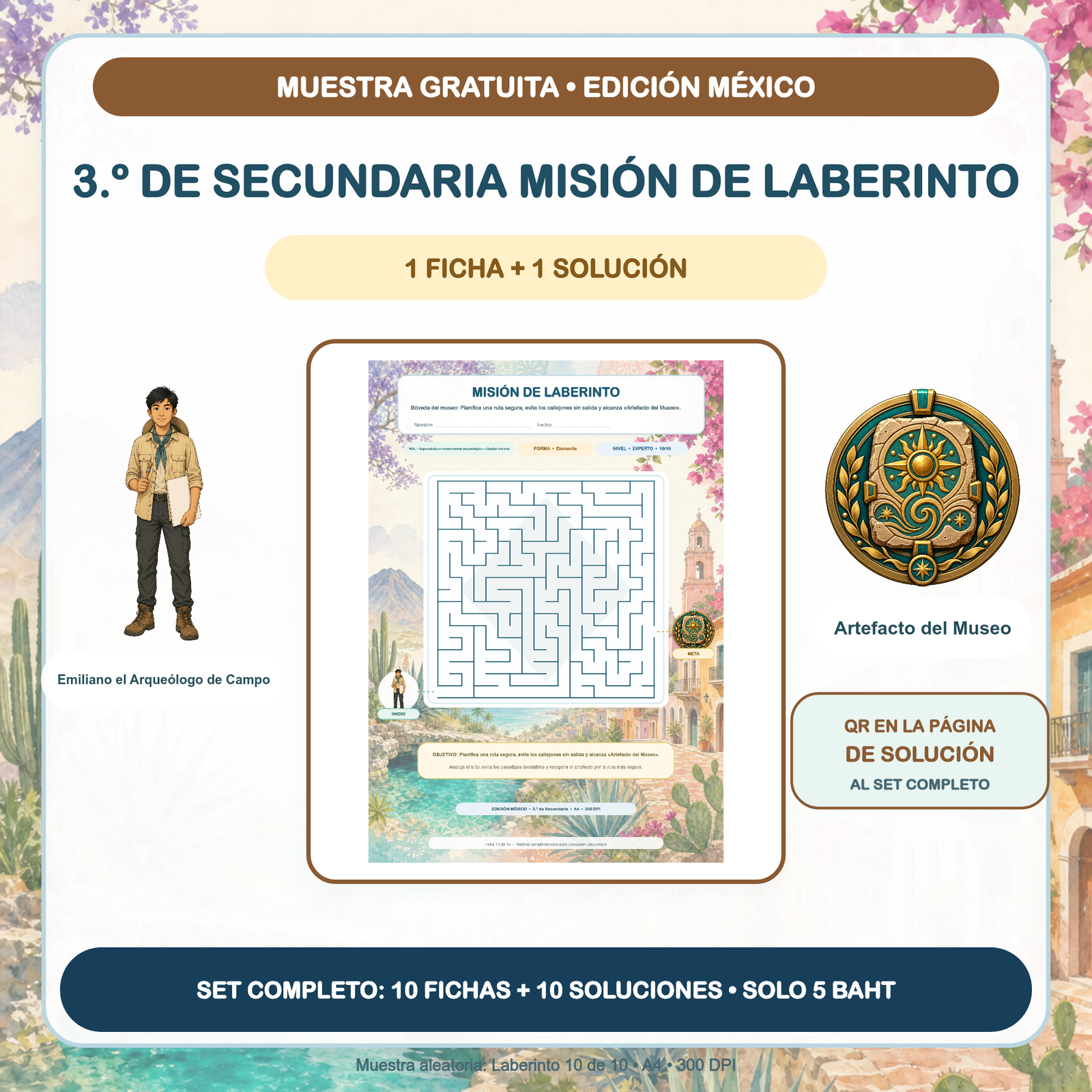 MUESTRA GRATUITA — Misiones de Laberinto México: 3.º de Secundaria (1 ficha + solución)