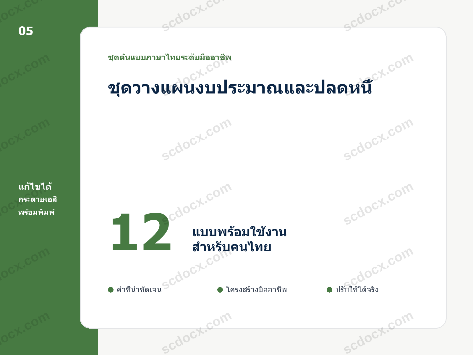 ชุดวางแผนงบประมาณและปลดหนี้ 12 แบบ แก้ไขได้ พร้อมพิมพ์