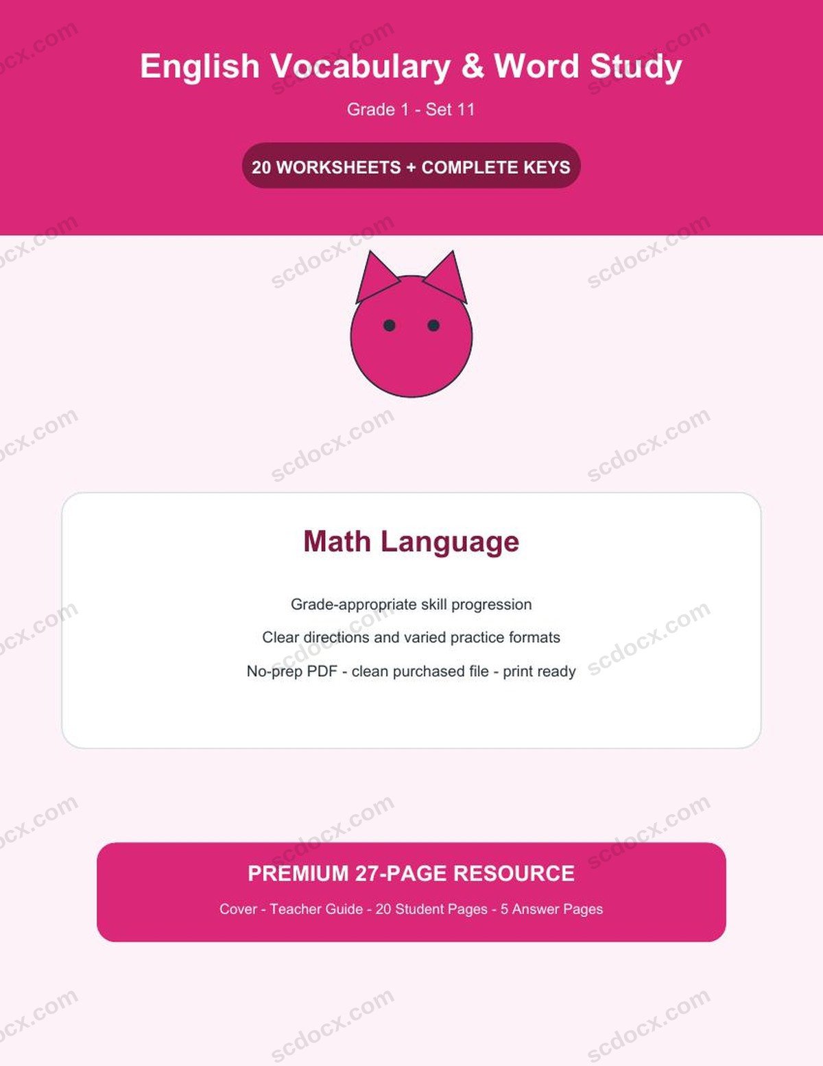 English Vocabulary & Word Study | Grade 1 | Math Language | 20 Worksheets + Answer Keys