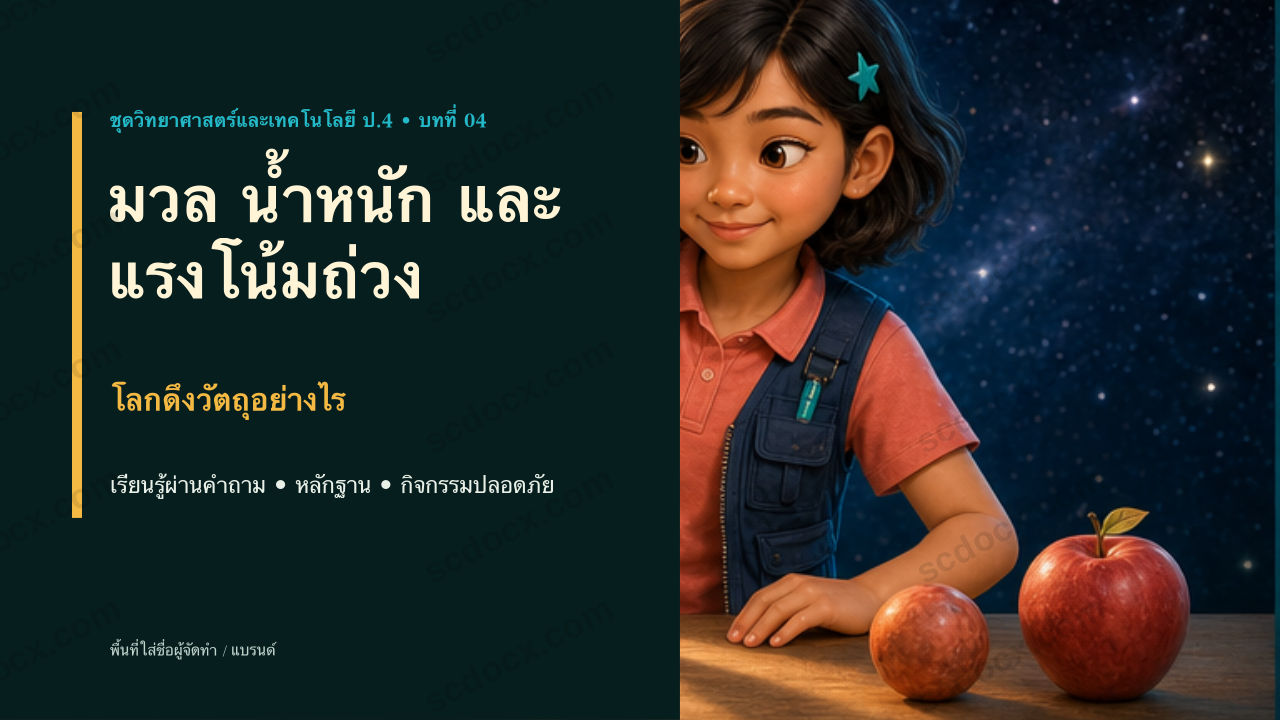PowerPoint วิทยาศาสตร์และเทคโนโลยี ป.4 บทที่ 4 มวลน้ำหนักและแรงโน้มถ่วง