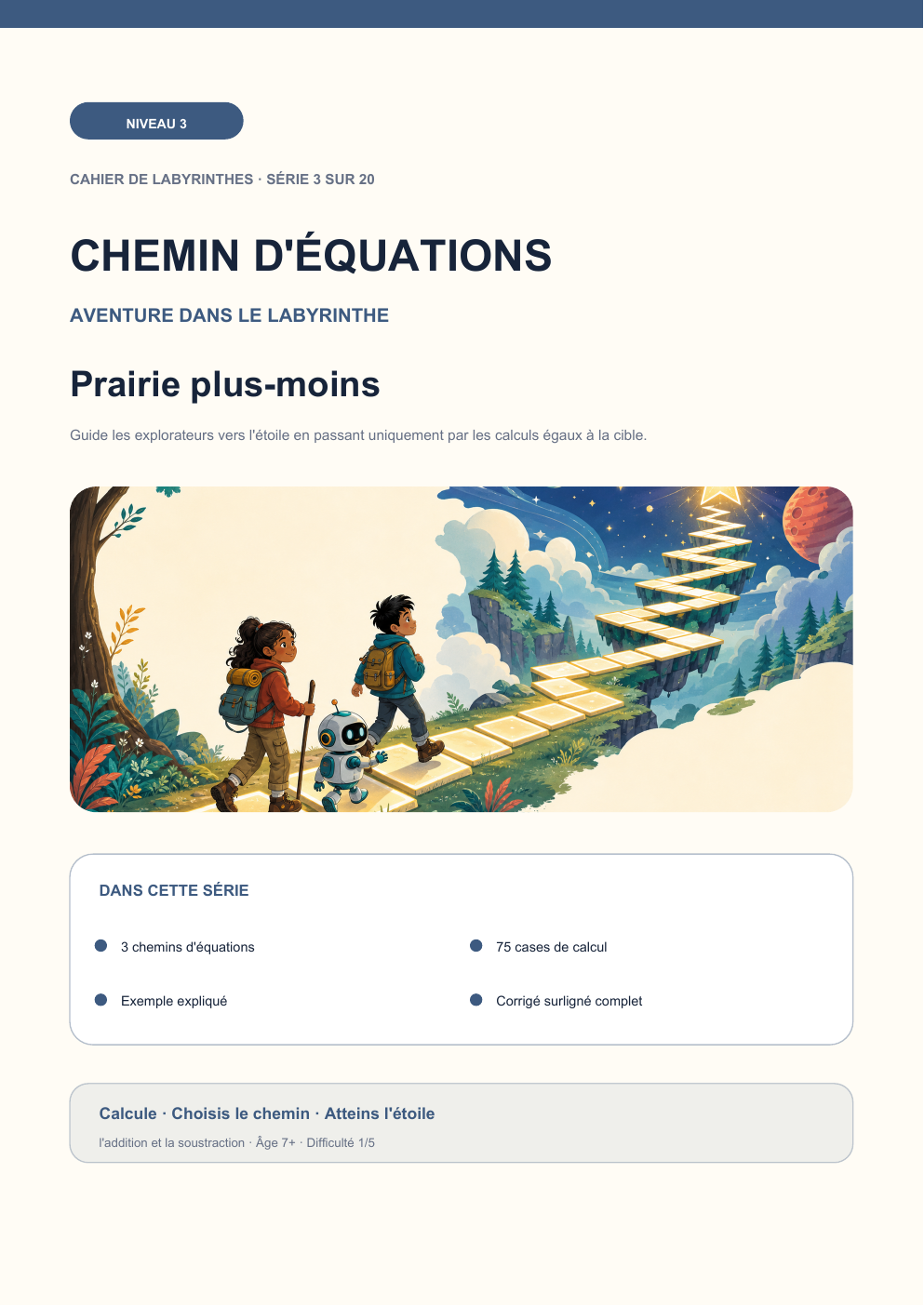 Chemin d'équations Niveau 3 | Prairie plus-moins avec corrigé