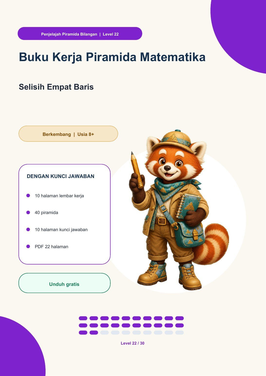 Buku Kerja Piramida Matematika Level 22 | Selisih Empat Baris dengan kunci jawaban (GRATIS)