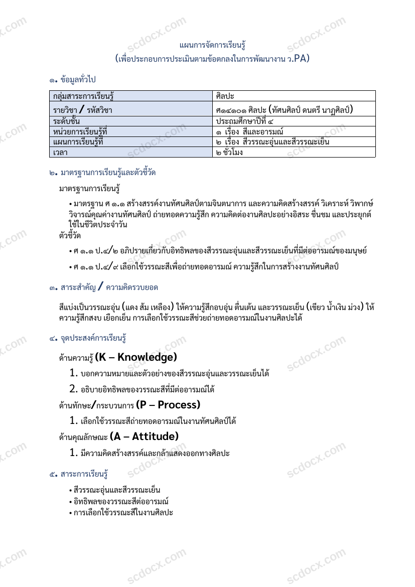 แผนการสอนประกอบการประเมิน ว.PA วิชาศิลปะ แผนที่ 2 เรื่อง สีวรรณะอุ่นและสีวรรณะเย็น ชั้น ป.4