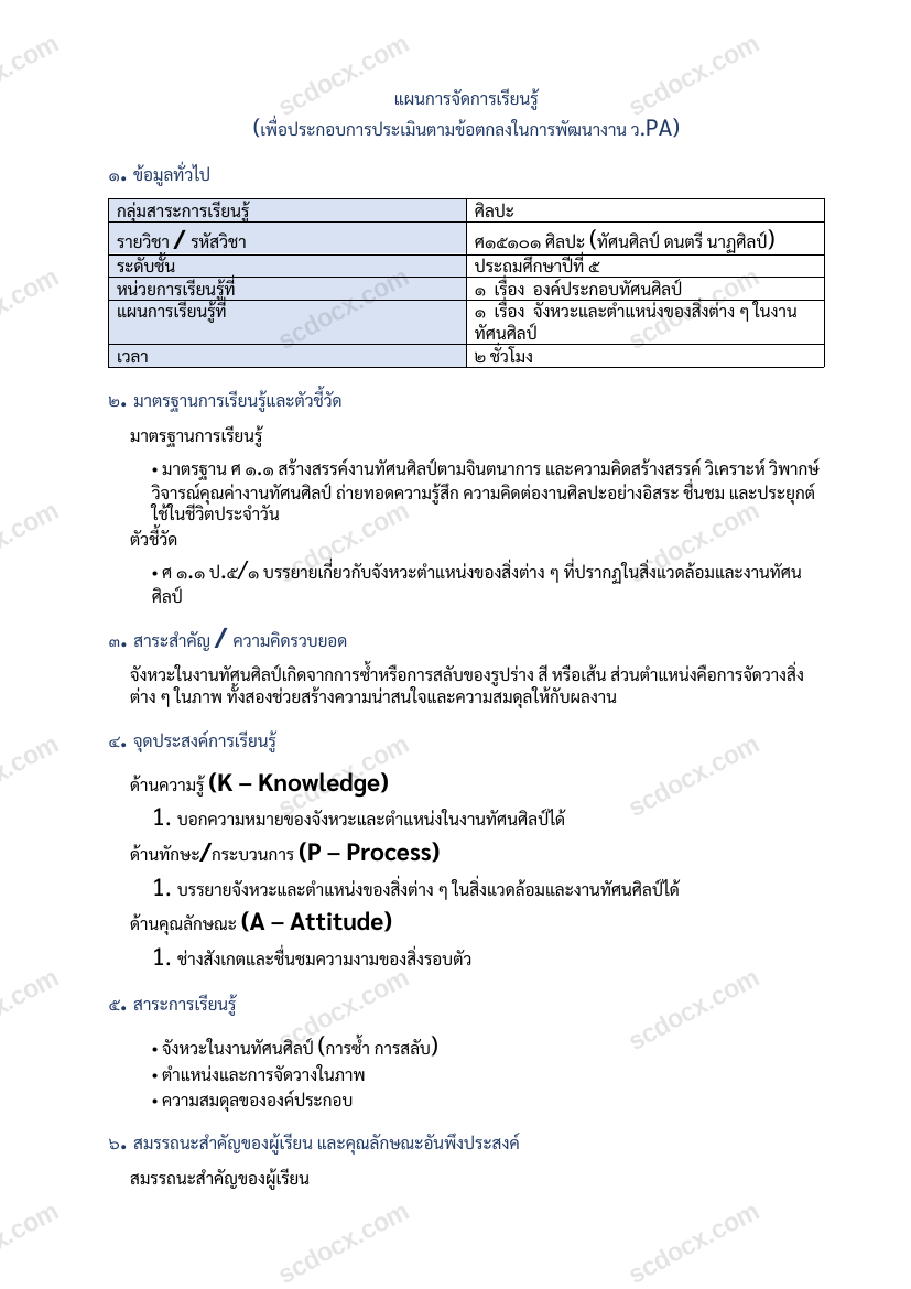 แผนการสอน ว.PA ศิลปะ แผนที่ 1 จังหวะและตำแหน่งของสิ่งต่าง ๆ ในงานทัศนศิลป์ ป.5