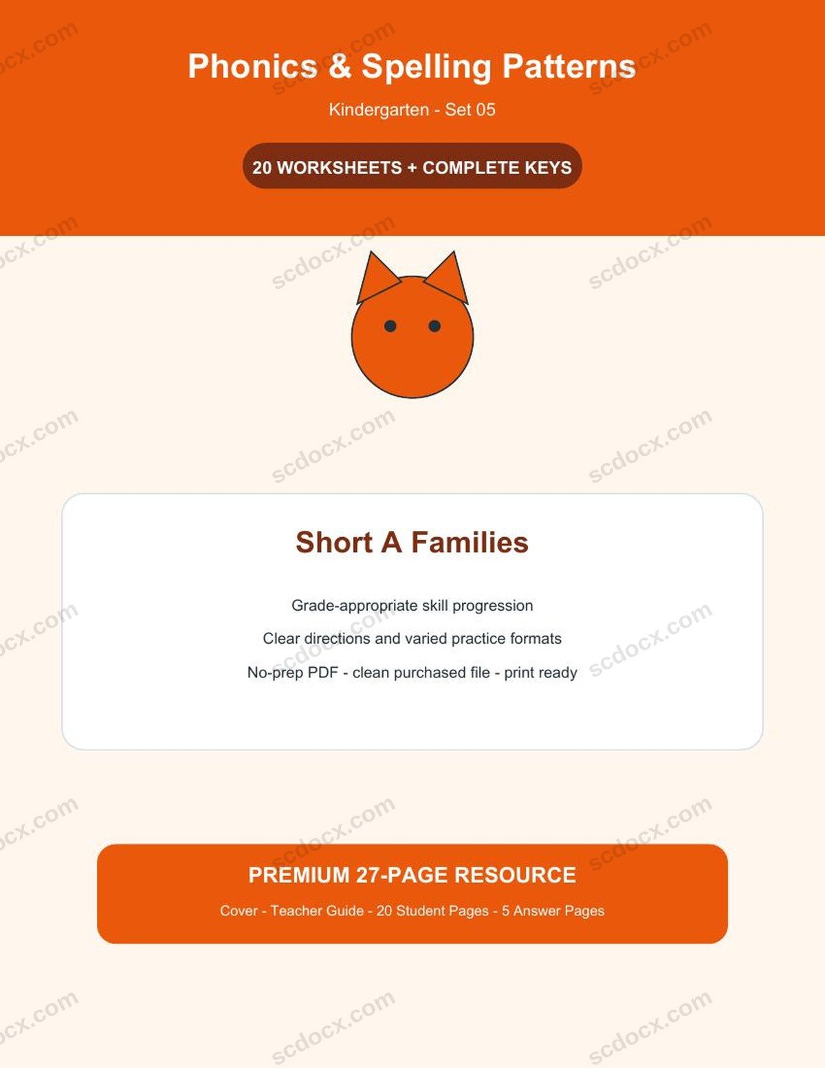 Phonics & Spelling Patterns | Kindergarten | Short A Families | 20 Worksheets + Answer Keys