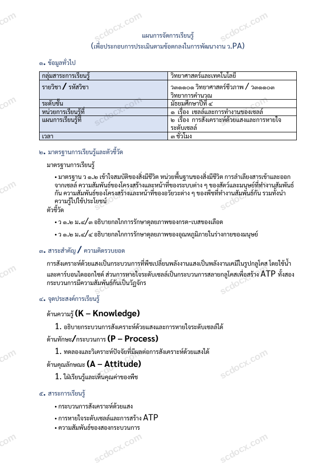 แผนการสอน ว.PA วิทยาศาสตร์ แผนที่ 2 การสังเคราะห์ด้วยแสงและการหายใจระดับเซลล์ ม.4