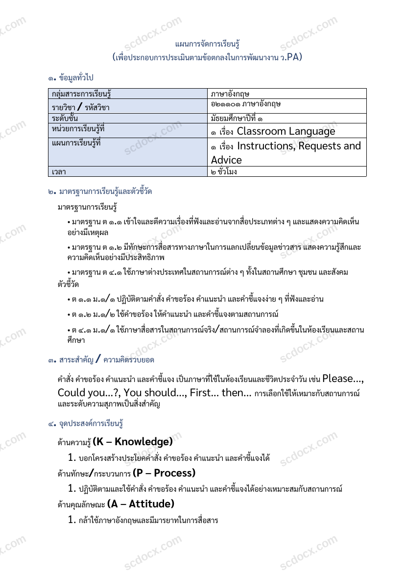 แผนการสอน ว.PA ภาษาอังกฤษ แผนที่ 1 Instructions, Requests and Advice ม.1