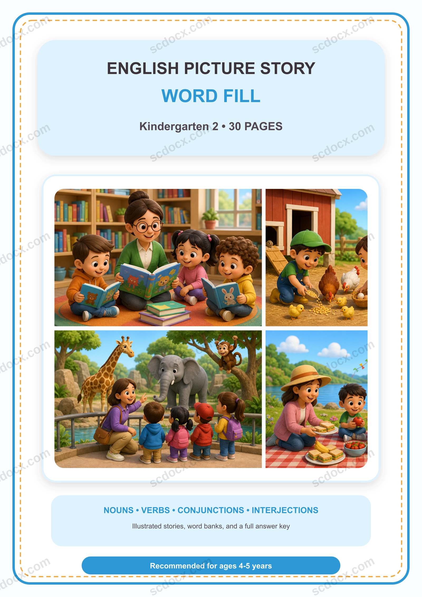 แบบฝึกเติมคำภาษาอังกฤษในเรื่องจากภาพ อนุบาล 2 | 30 หน้า พร้อมเฉลย 30 หน้า PDF + PNG