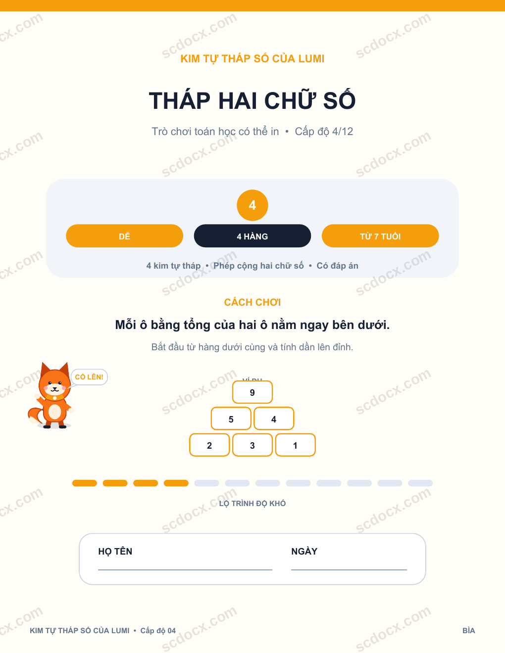 Kim tự tháp số học 04 - Tháp hai chữ số kèm đáp án