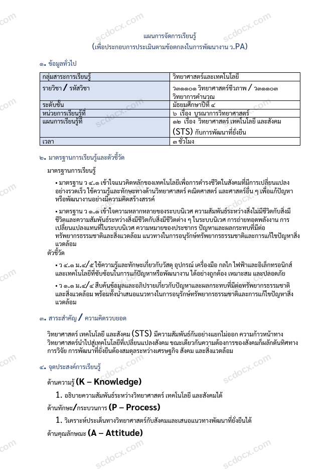 แผนการสอน ว.PA วิทยาศาสตร์ แผนที่ 12 วิทยาศาสตร์ เทคโนโลยี และสังคม (STS) กับการพัฒนาที่ยั่งยืน ม.4