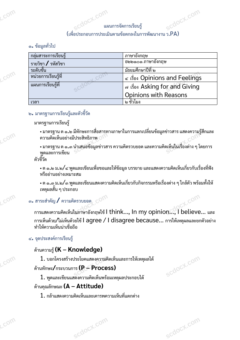แผนการสอน ว.PA ภาษาอังกฤษ แผนที่ 7 Asking for and Giving Opinions with Reasons ม.2