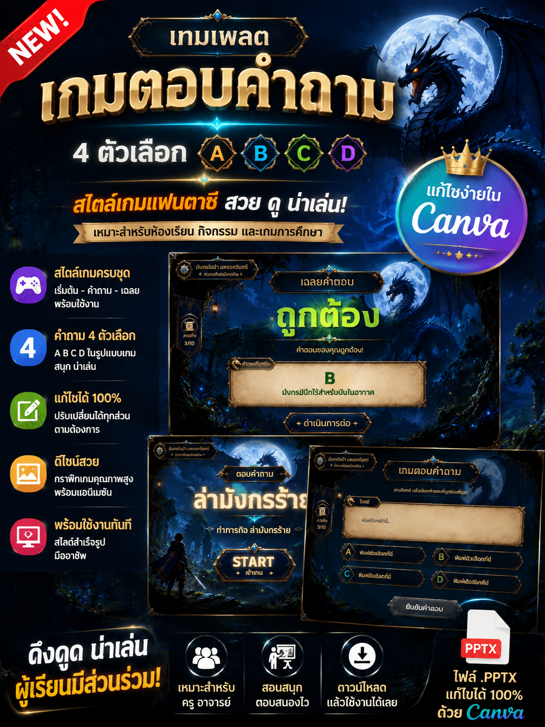 เกมตอบคำถาม PPT แฟนตาซี 4 ตัวเลือก ABCD | เทมเพลตเกมการศึกษา แก้ไขใน Canva ได้ พร้อมใช้ในห้องเรียน