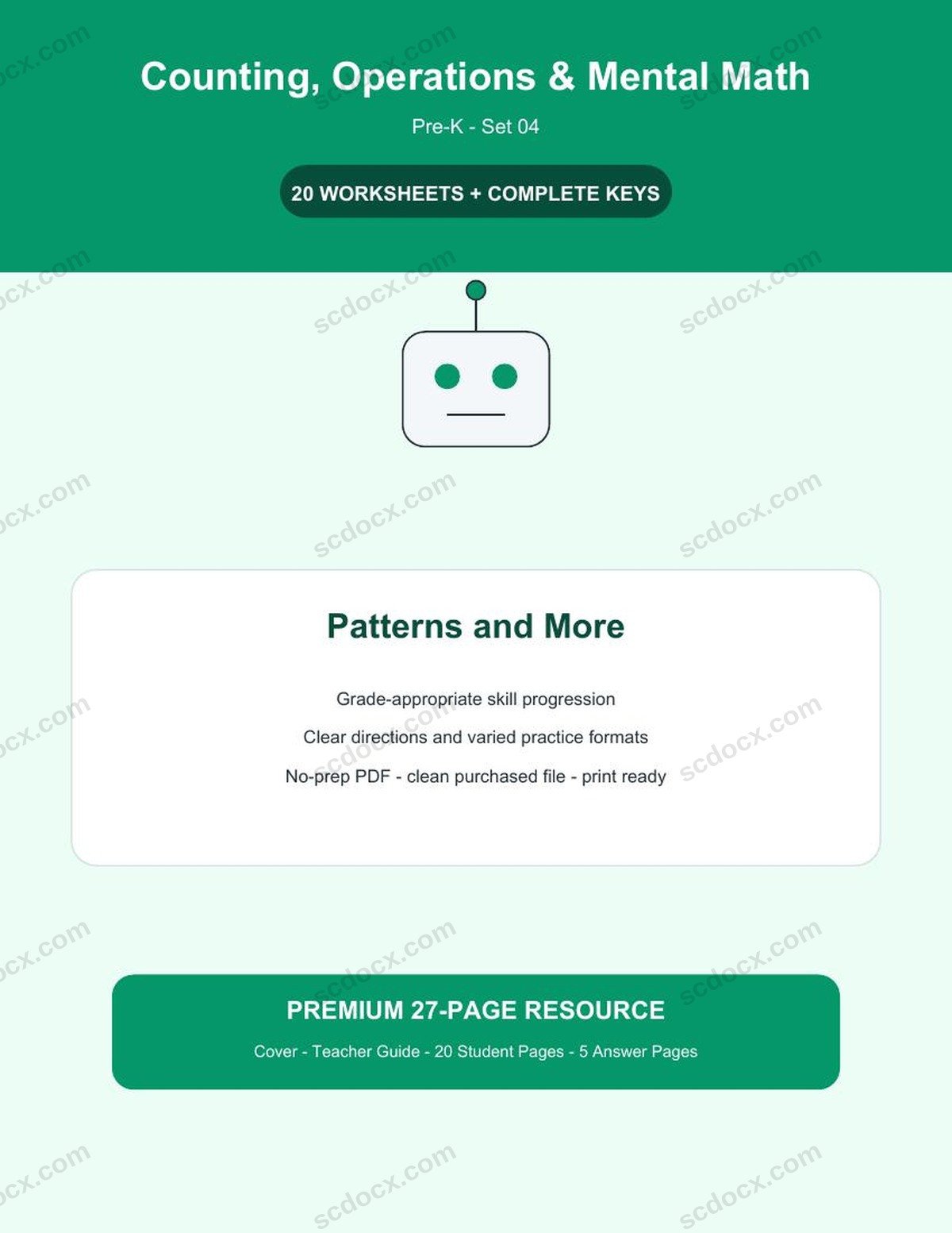 Counting, Operations & Mental Math | Pre-K | Patterns and More | 20 Worksheets + Answer Keys