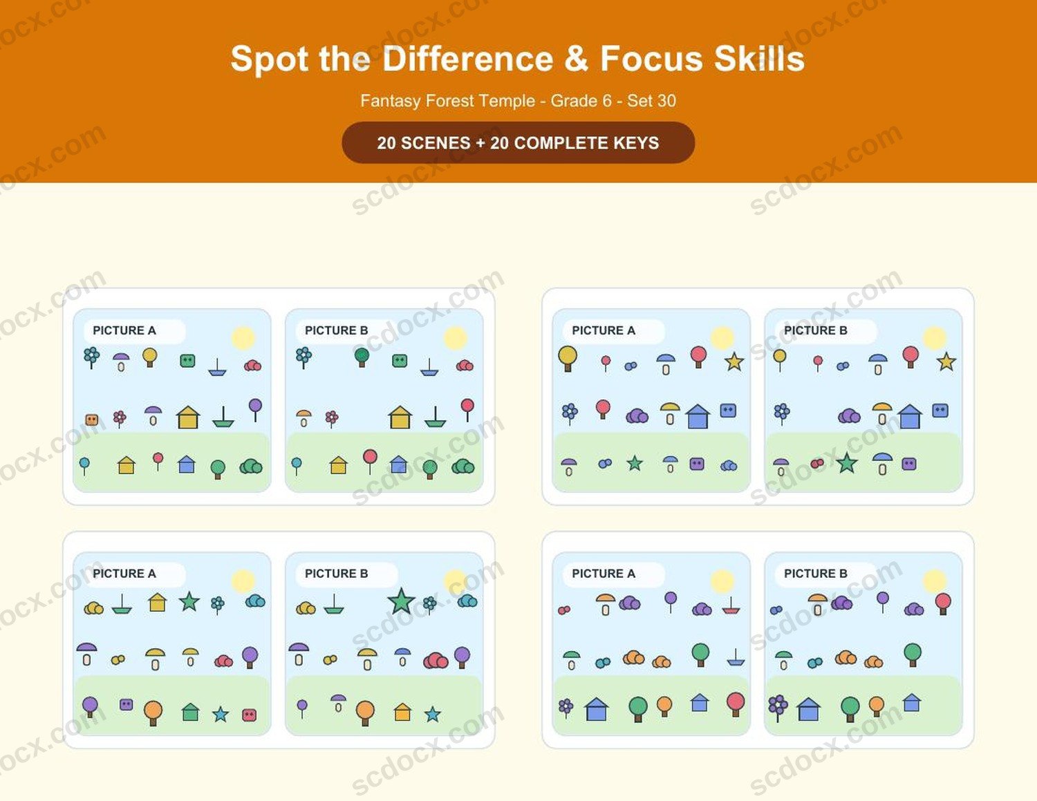 Spot the Difference | Grade 6 | Fantasy Forest Temple | 20 Games + Keys | US Letter Landscape