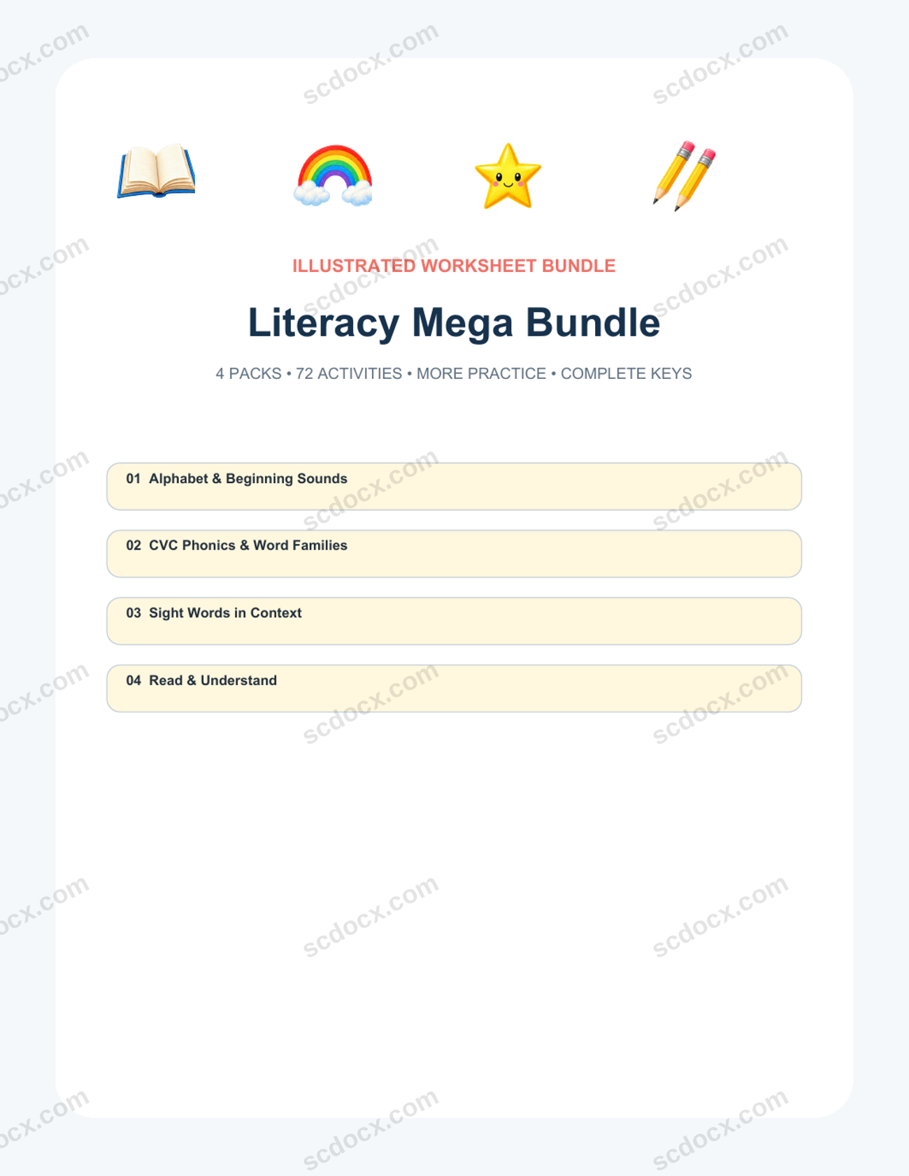 Early Literacy Bundle | 4 Packs, 72 Activities, 102 Pages | US Letter