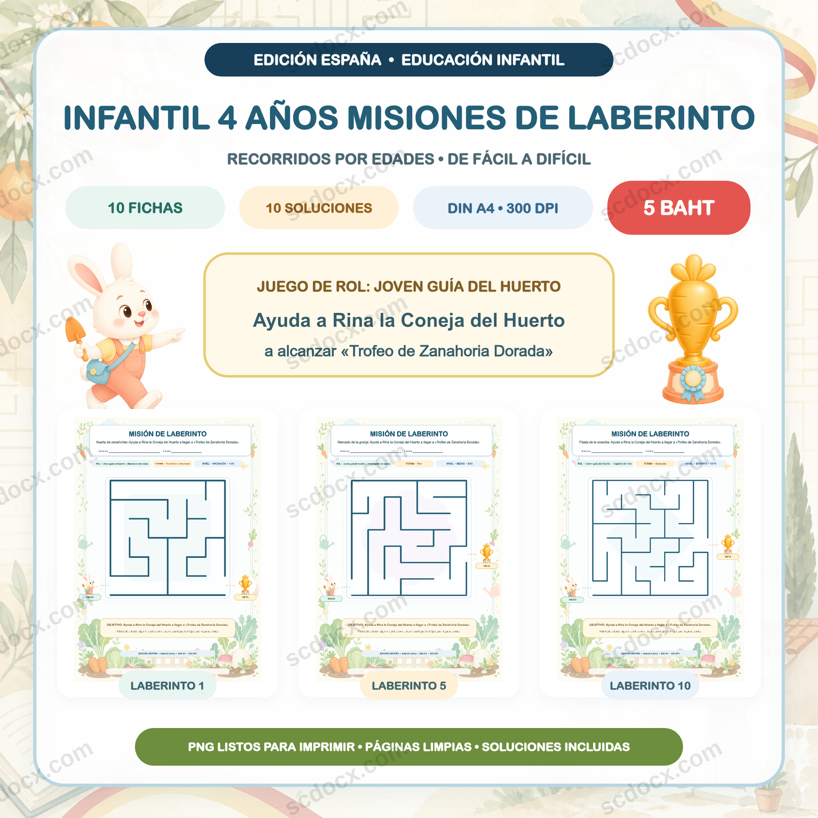 Edición España Misiones de Laberinto — Infantil 4 años (10 fichas + soluciones)
