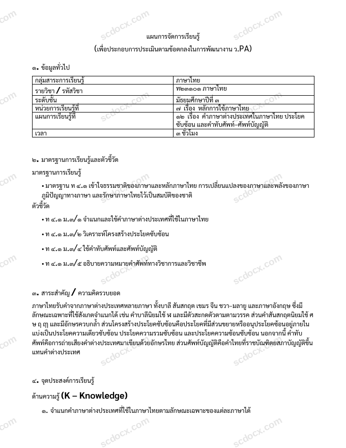 แผนการสอน ว.PA ภาษาไทย แผนที่ 12 คำภาษาต่างประเทศในภาษาไทย ประโยคซับซ้อน และคำทับศัพท์–ศัพท์บัญญัติ ม.3