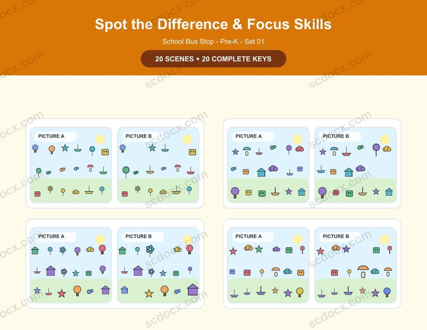 Spot the Difference | Pre-K | School Bus Stop | 20 Games + Keys | US Letter Landscape