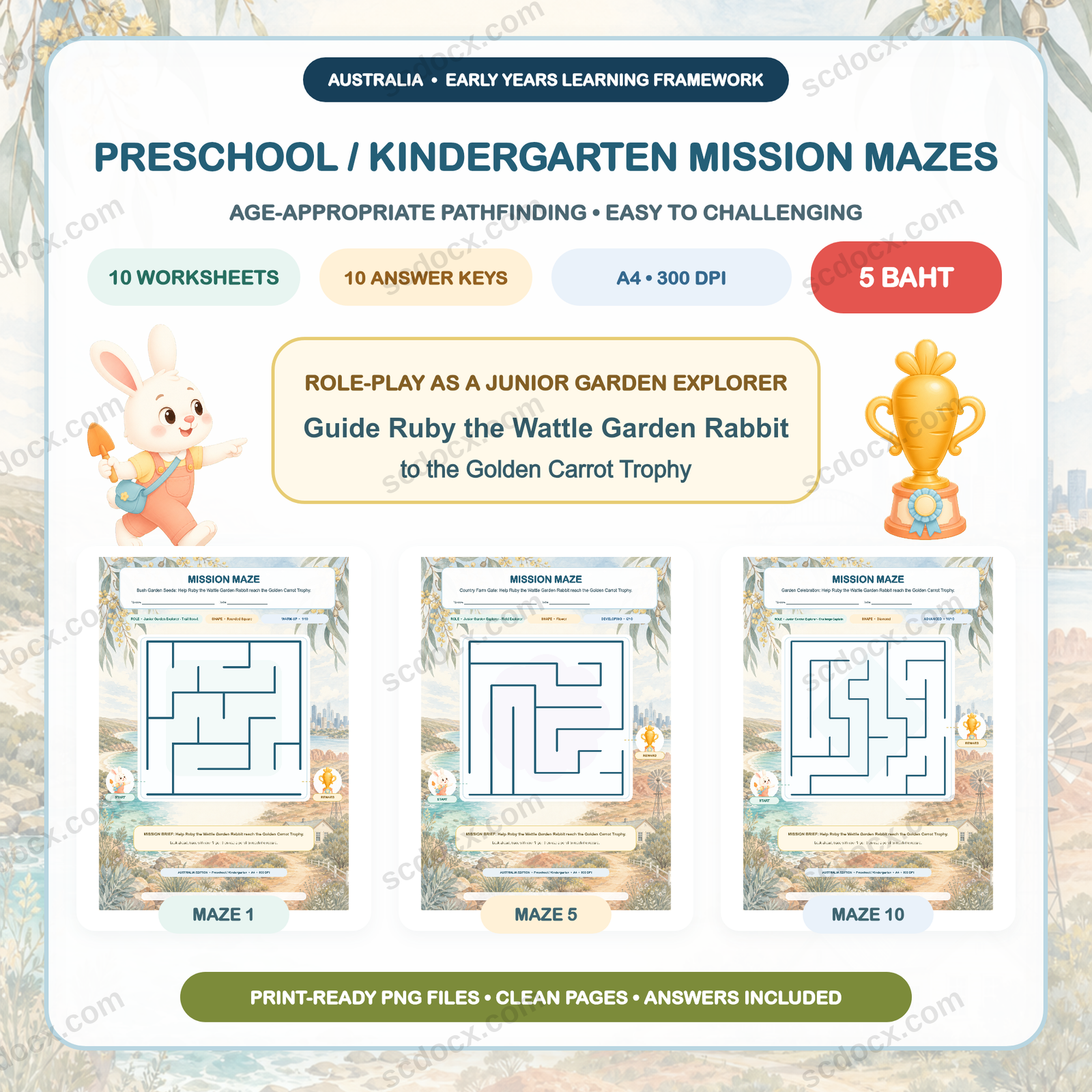 Australia Edition Mission Mazes - Preschool / Kindergarten (10 Worksheets + 10 Answer Keys)