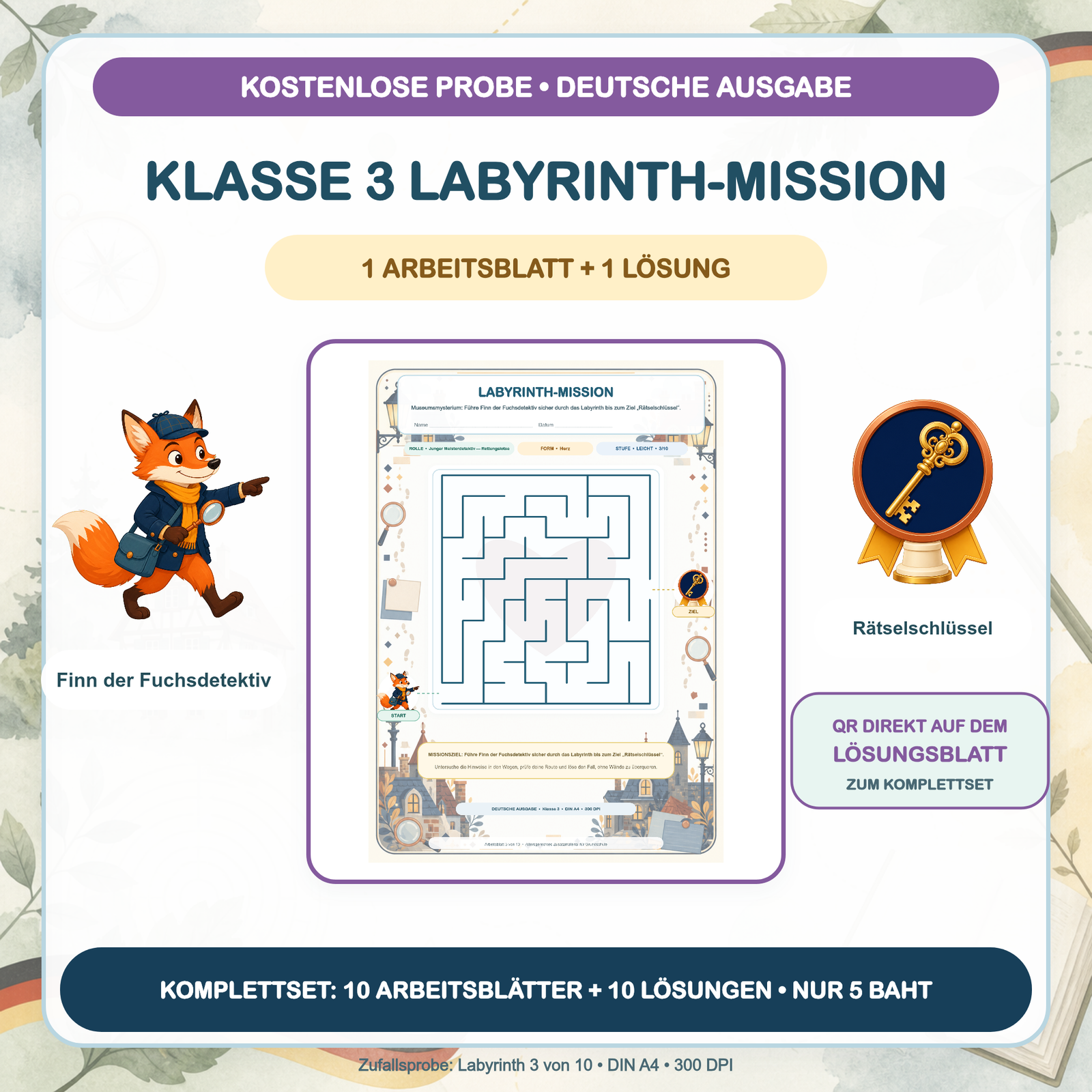KOSTENLOSE PROBE — Labyrinth-Missionen Deutsch: Klasse 3 (1 Arbeitsblatt + Lösung)