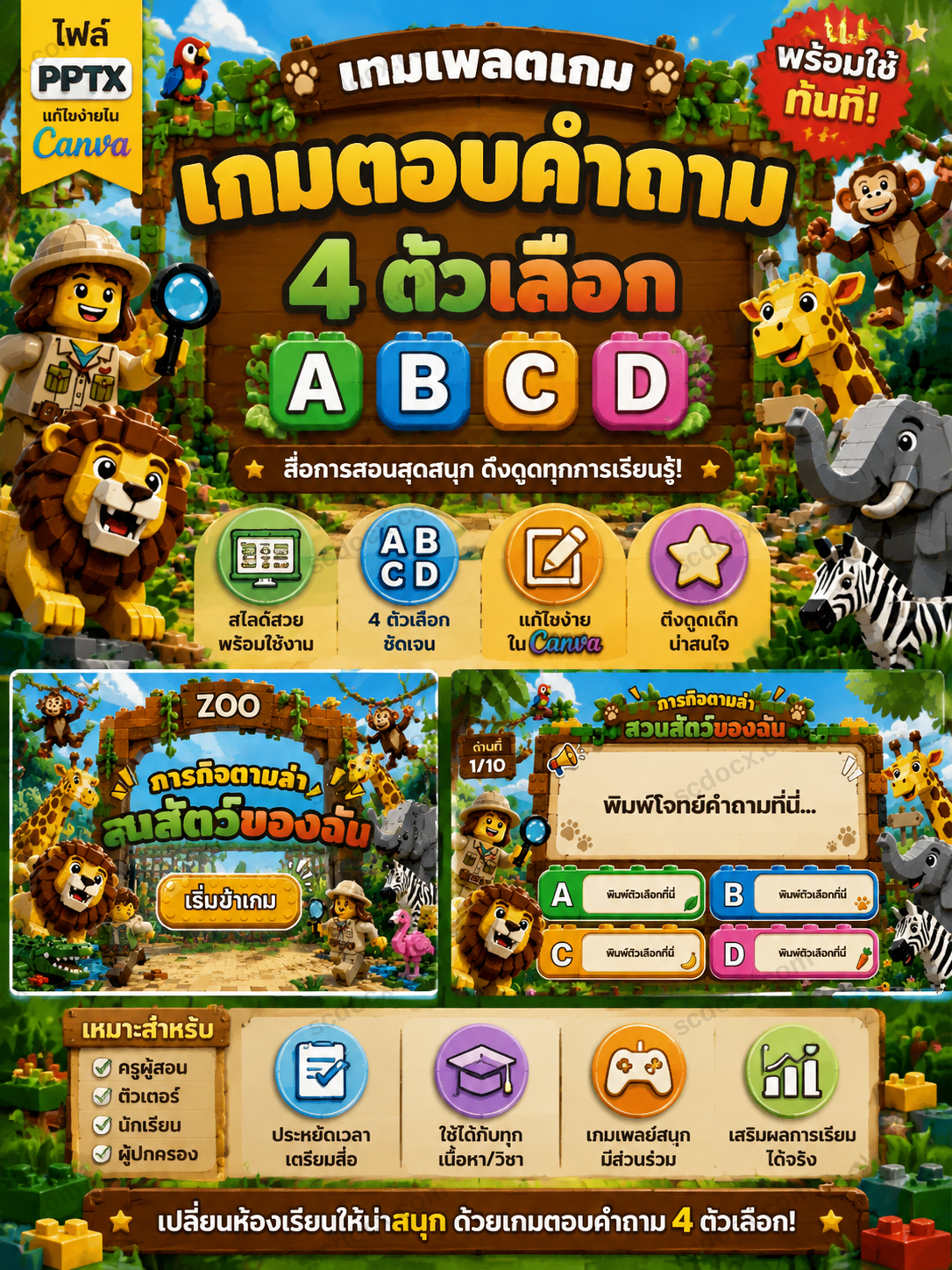 เกมตอบคำถาม PPT ธีมสวนสัตว์ Safari 4 ตัวเลือก ABCD | เทมเพลตเกมการศึกษา แก้ไขใน Canva ได้ พร้อมใช้