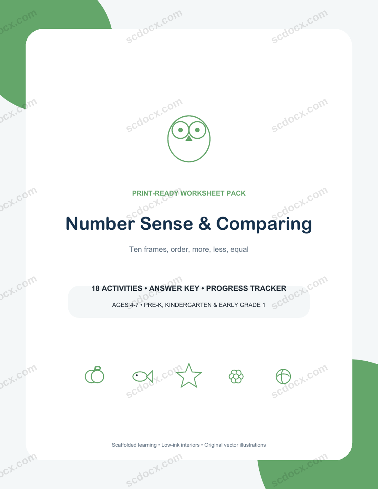 Number Sense & Comparing | 18 Kindergarten Worksheets + Keys | US Letter