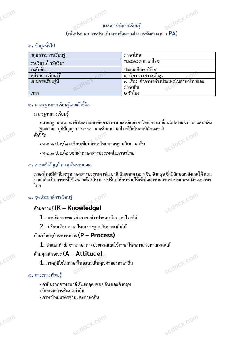 แผนการสอน ว.PA ภาษาไทย แผนที่ 7 คำภาษาต่างประเทศและภาษาถิ่น ป.5