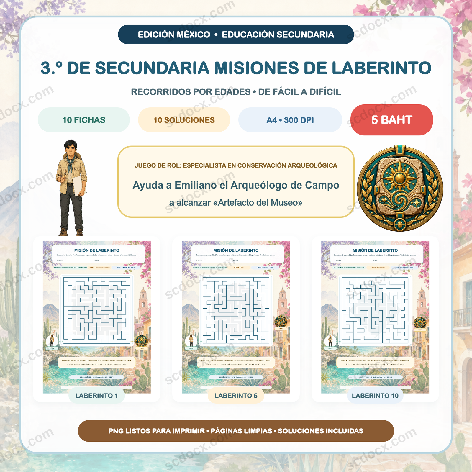 Edición México Misiones de Laberinto — 3.º de Secundaria (10 fichas + soluciones)