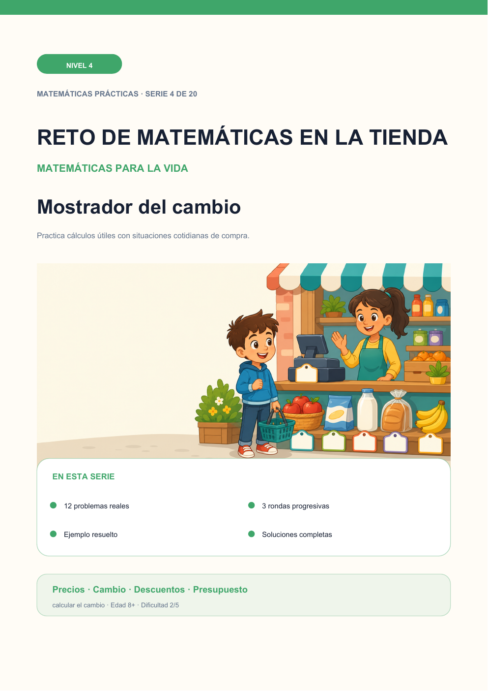 Reto de matemáticas en la tienda Nivel 4 | Mostrador del cambio con soluciones