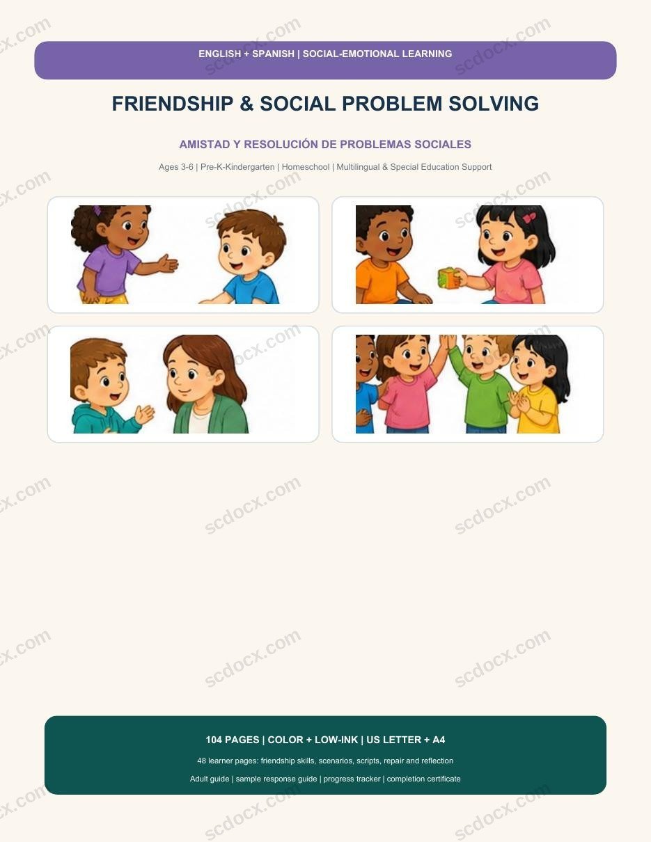 Bilingual Friendship & Social Problem Solving | English-Spanish | 208 Printable Pages