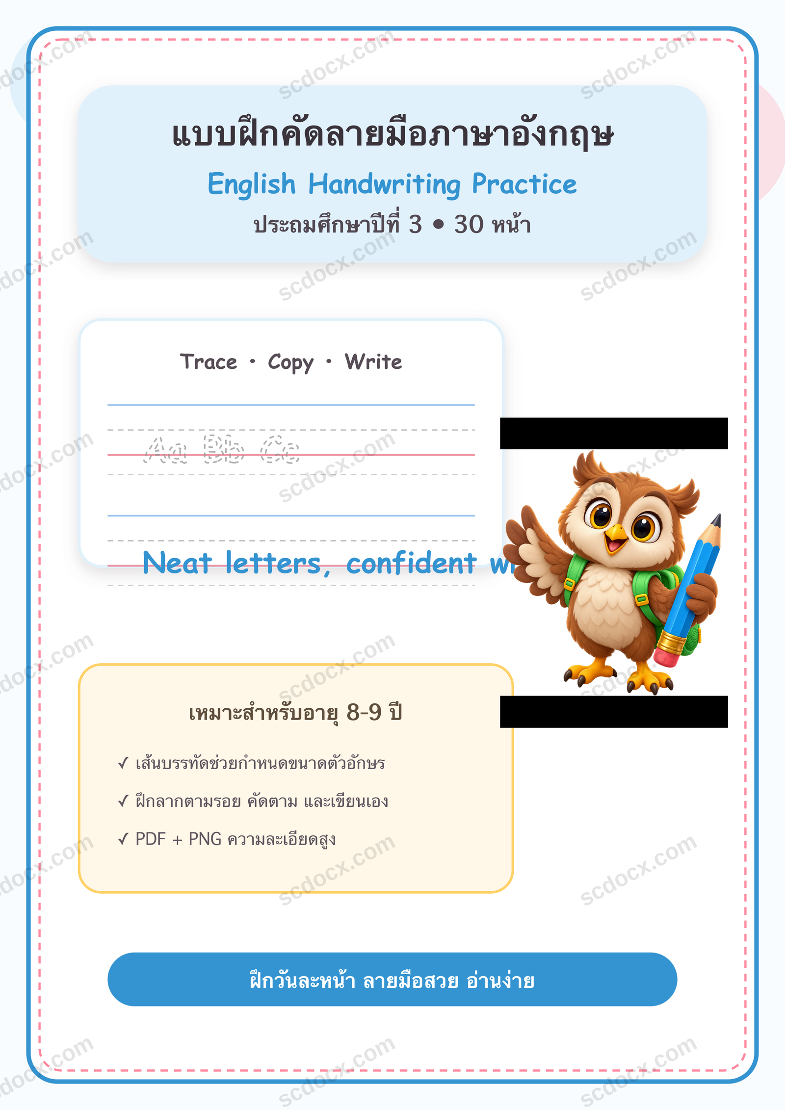 แบบฝึกคัดลายมือภาษาอังกฤษ ป.3 | 30 หน้า PDF + PNG