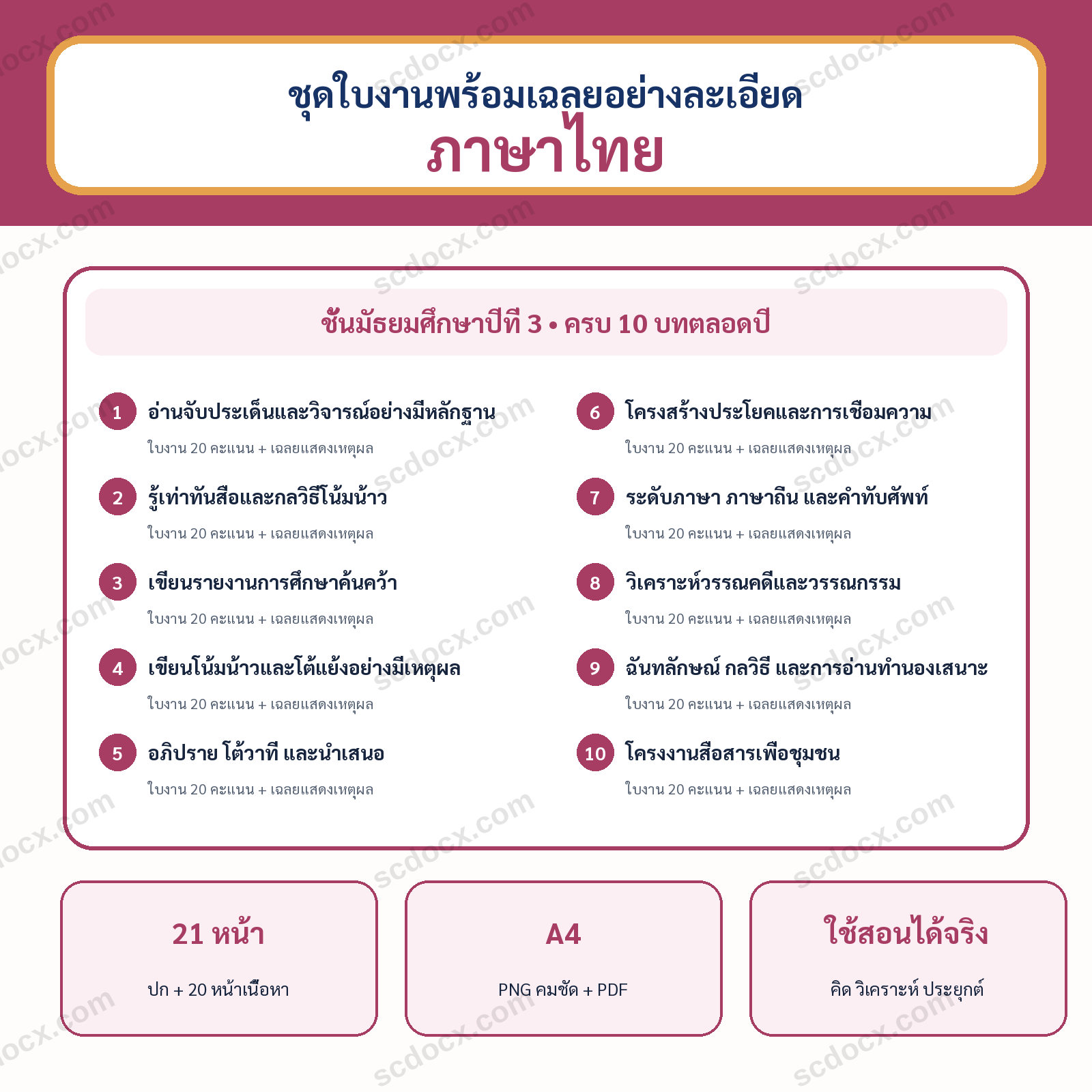 ชุดใบงานภาษาไทย ม.3 ครบ 10 บท พร้อมเฉลยละเอียด PDF พร้อมพิมพ์