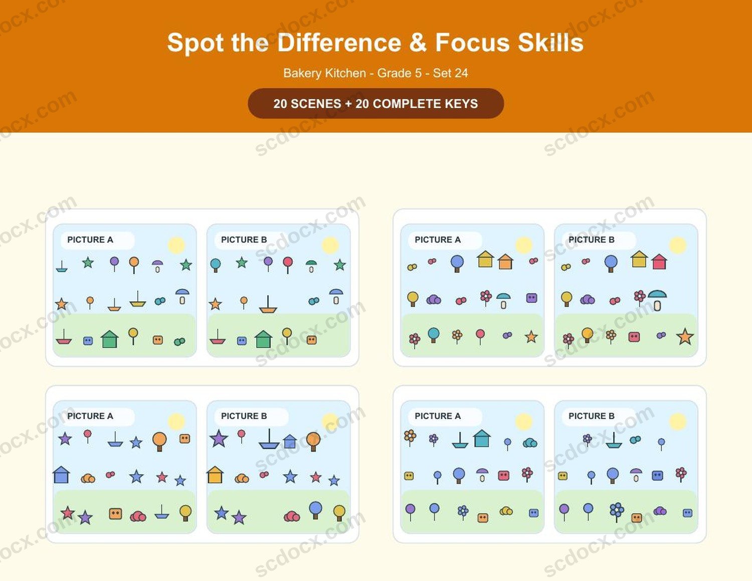 Spot the Difference | Grade 5 | Bakery Kitchen | 20 Games + Keys | US Letter Landscape