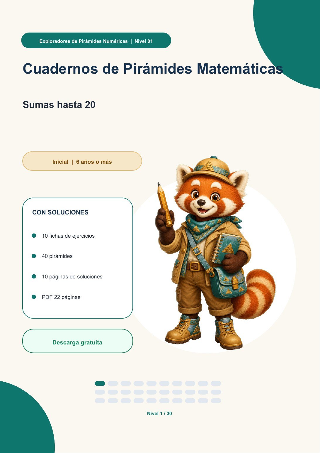 Cuadernos de Pirámides Matemáticas Nivel 01 | Sumas hasta 20 con soluciones (GRATIS)