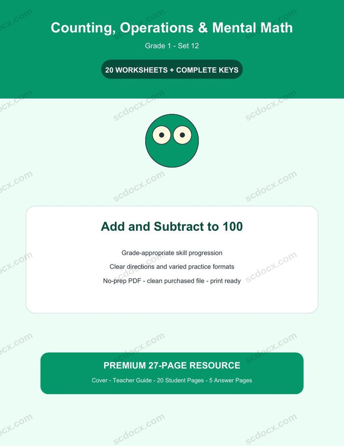 Counting, Operations & Mental Math | Grade 1 | Add and Subtract to 100 | 20 Worksheets + Answer Keys