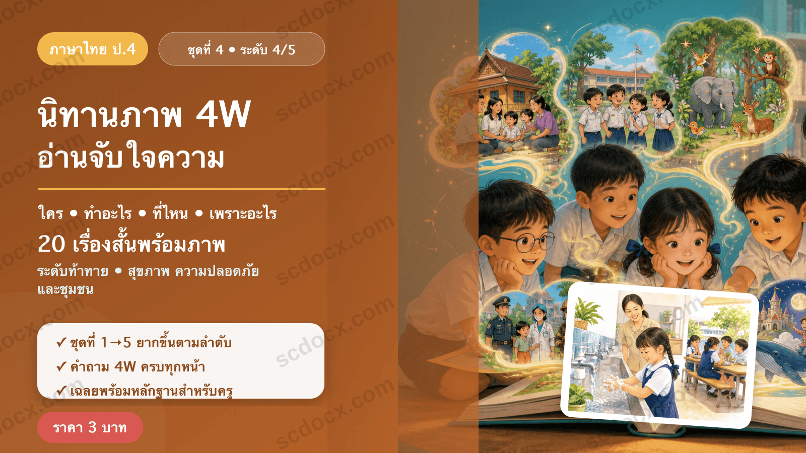 นิทานภาพ 4W อ่านจับใจความ ป.4 ชุดที่ 4 (ระดับท้าทาย) — สุขภาพ ความปลอดภัย และชุมชน 20 เรื่อง พร้อมเฉลย