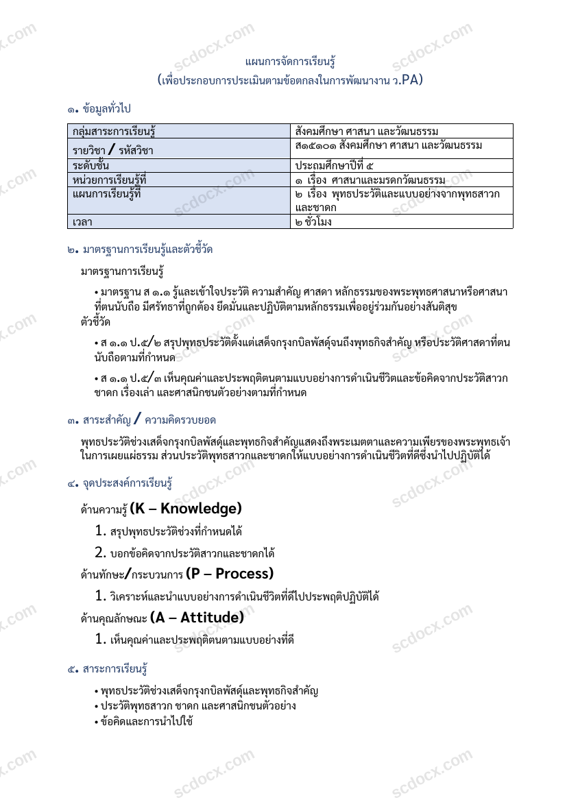 แผนการสอน ว.PA สังคมศึกษา แผนที่ 2 พุทธประวัติและแบบอย่างจากพุทธสาวกและชาดก ป.5