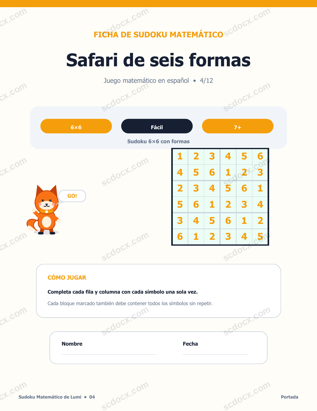 Sudoku Matemático en Español 04 - Safari de seis formas con soluciones